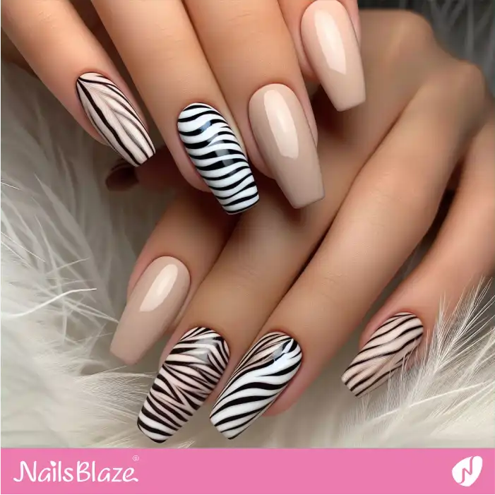 Glossy Nude Nails Zebra Print Design | Animal Print Nails - NB2472